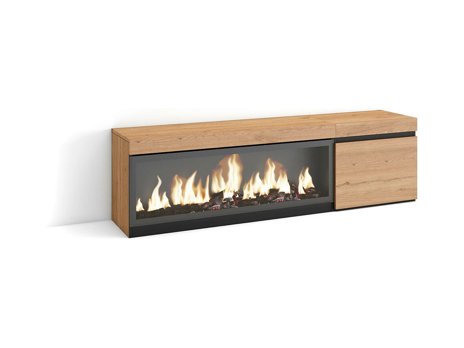 Meuble TV, Banc Télé, 158x35x45cm, Pour les TV jusqu'à 65", Cheminée électrique XXL, Chêne