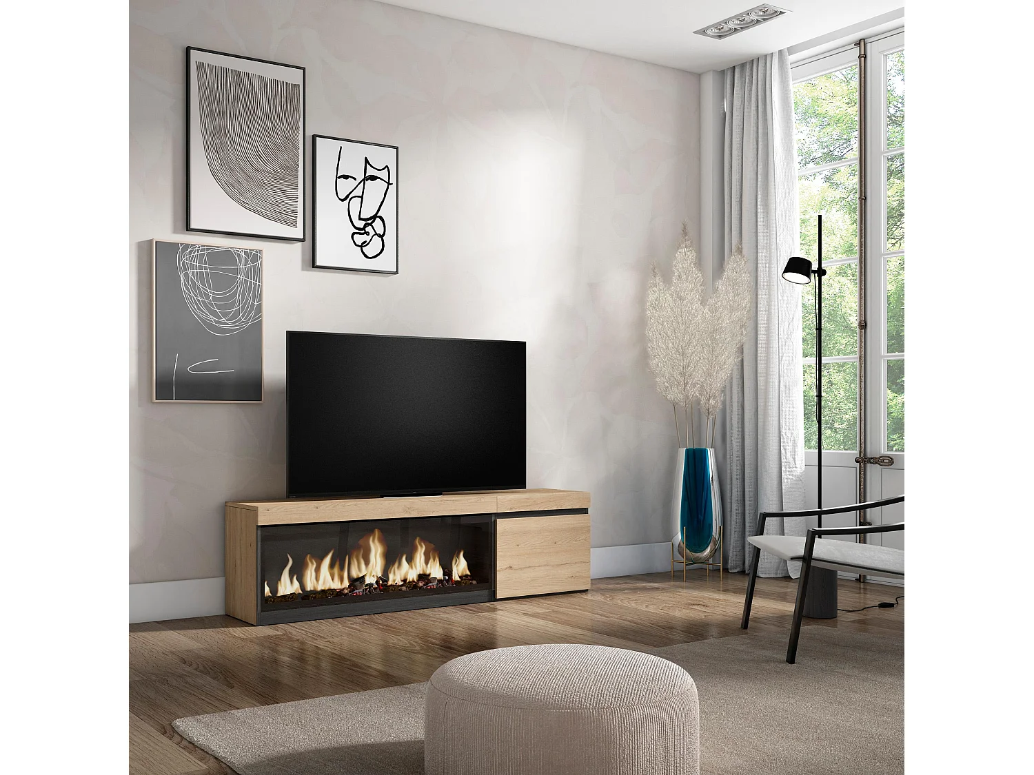 Meuble TV, Banc Télé, 158x35x45cm, Pour les TV jusqu'à 65", Cheminée électrique XXL, Chêne