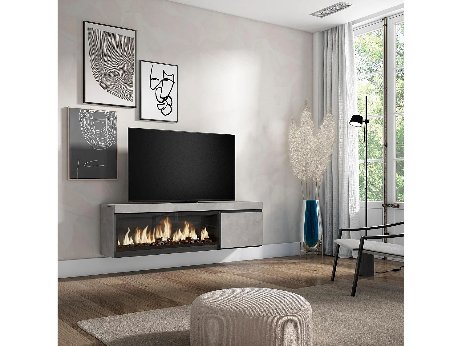 TV-Schrank, Lowboard, 158x35x45cm, Für TV-Geräte bis zu 65", Elektrokamin XXL, Hängend, Zement