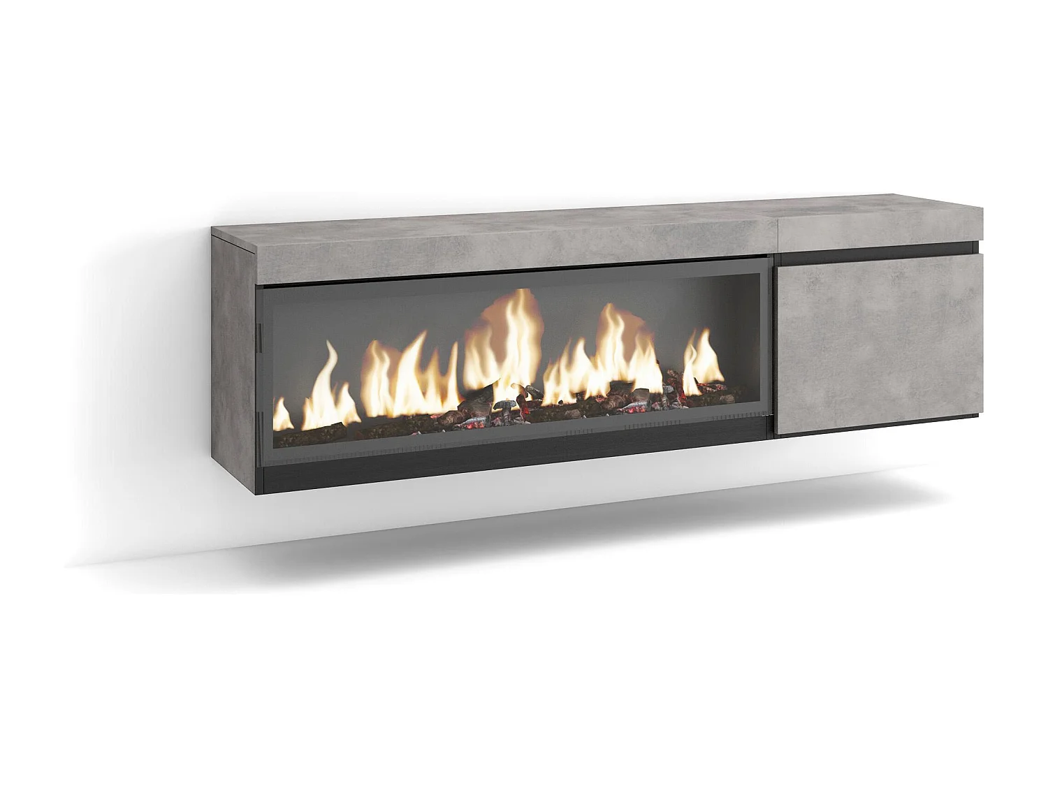 TV-Schrank, Lowboard, 158x35x45cm, Für TV-Geräte bis zu 65", Elektrokamin XXL, Hängend, Zement