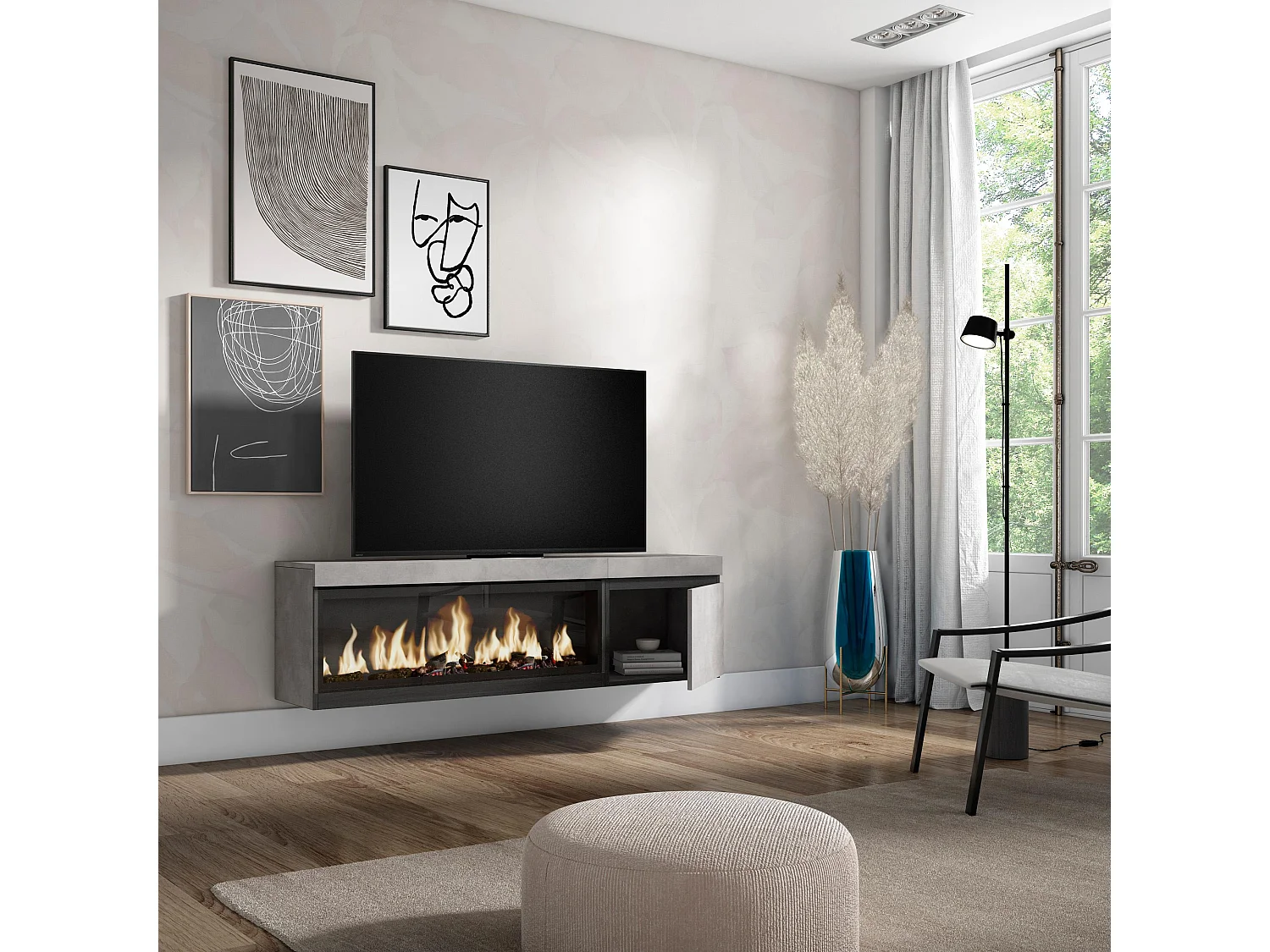 TV-Schrank, Lowboard, 158x35x45cm, Für TV-Geräte bis zu 65", Elektrokamin XXL, Hängend, Zement