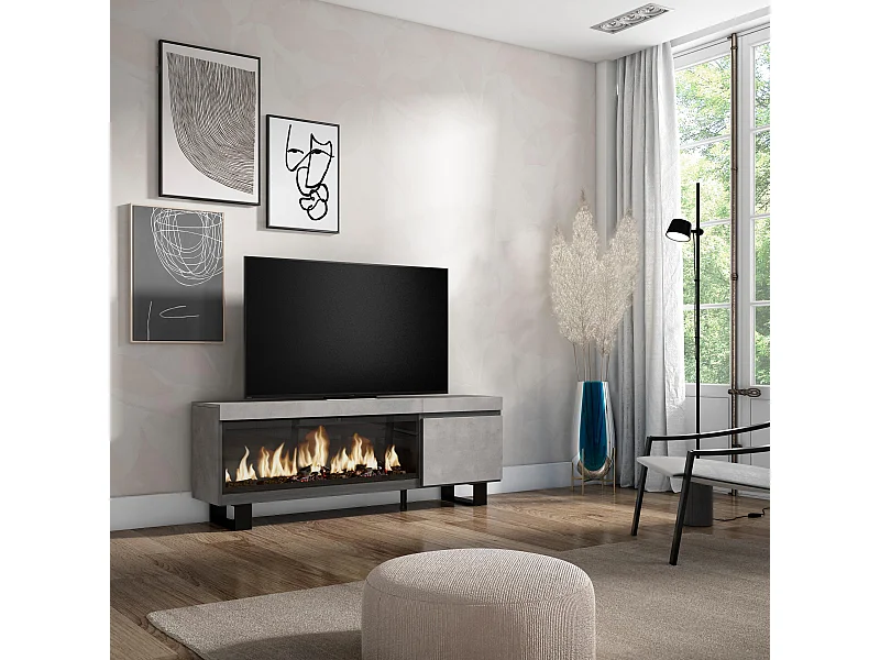 Meuble TV, Banc Télé, 158x35x57cm, Pour les TV jusqu'à 65", Cheminée électrique XXL, Design industriel, Ciment