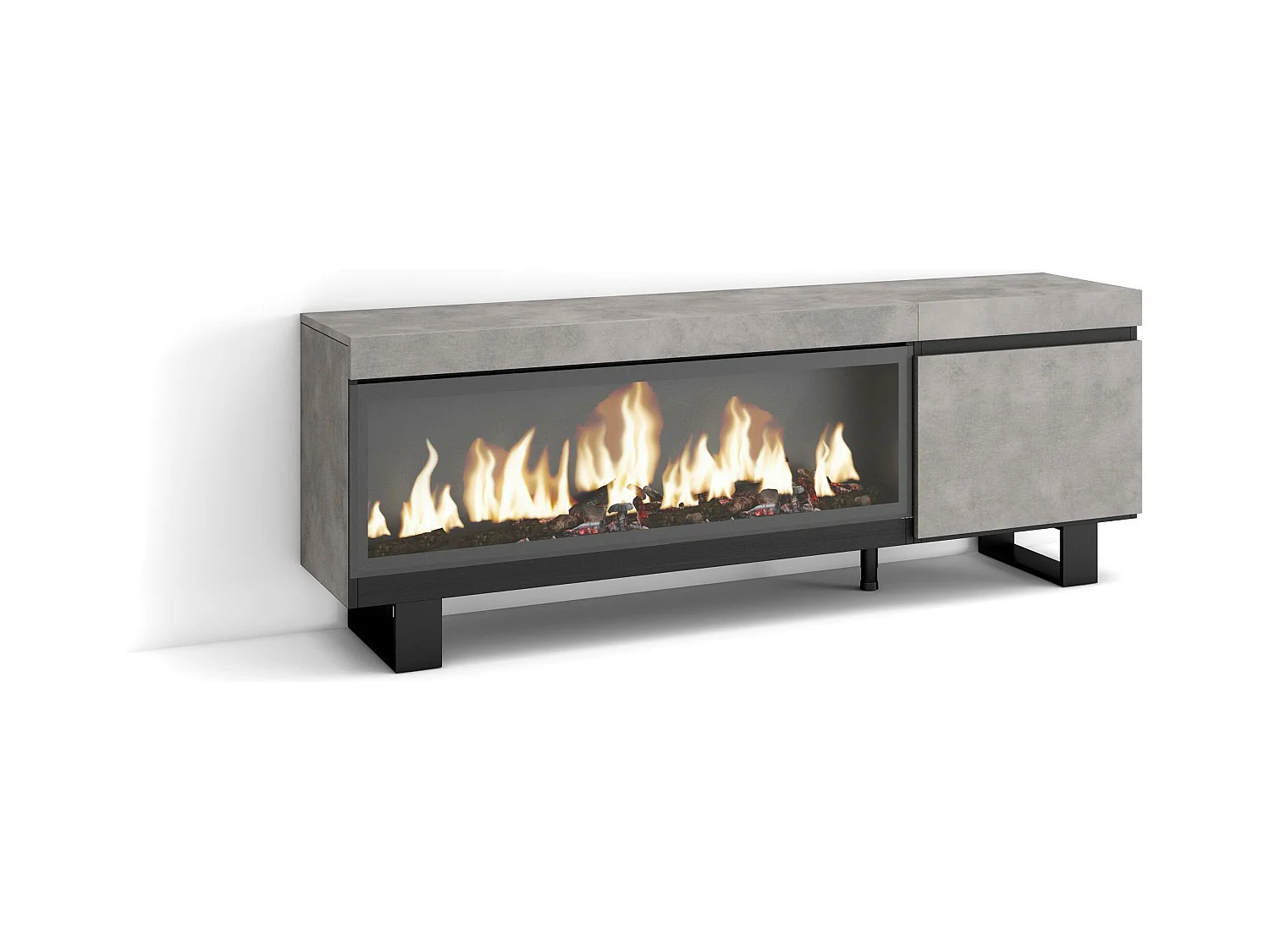 Meuble TV, Banc Télé, 158x35x57cm, Pour les TV jusqu'à 65", Cheminée électrique XXL, Design industriel, Ciment