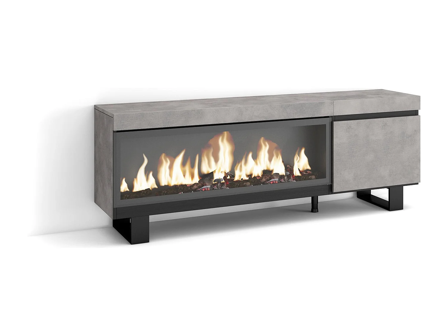 TV-Meubel, Lowboard, 158x35x57cm, Voor tv's tot 65", Elektrische haard XXL, Industrieel design, Cement