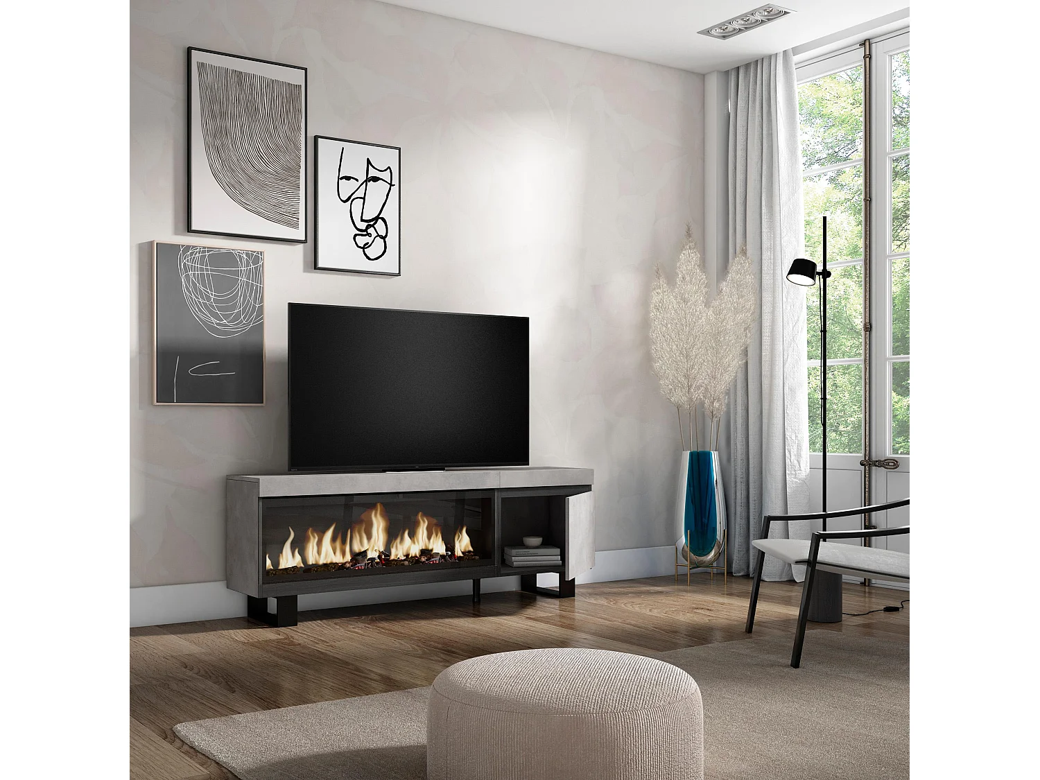 TV-Meubel, Lowboard, 158x35x57cm, Voor tv's tot 65", Elektrische haard XXL, Industrieel design, Cement