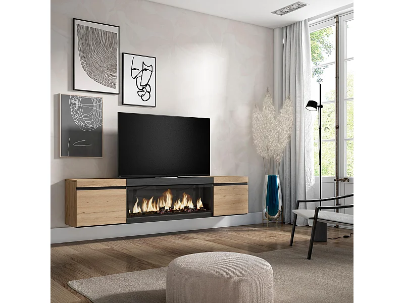 TV-Meubel, Lowboard, 208x35x45cm, Voor tv's tot 80", Elektrische haard XXL, Hangend, Eiken/Zwart