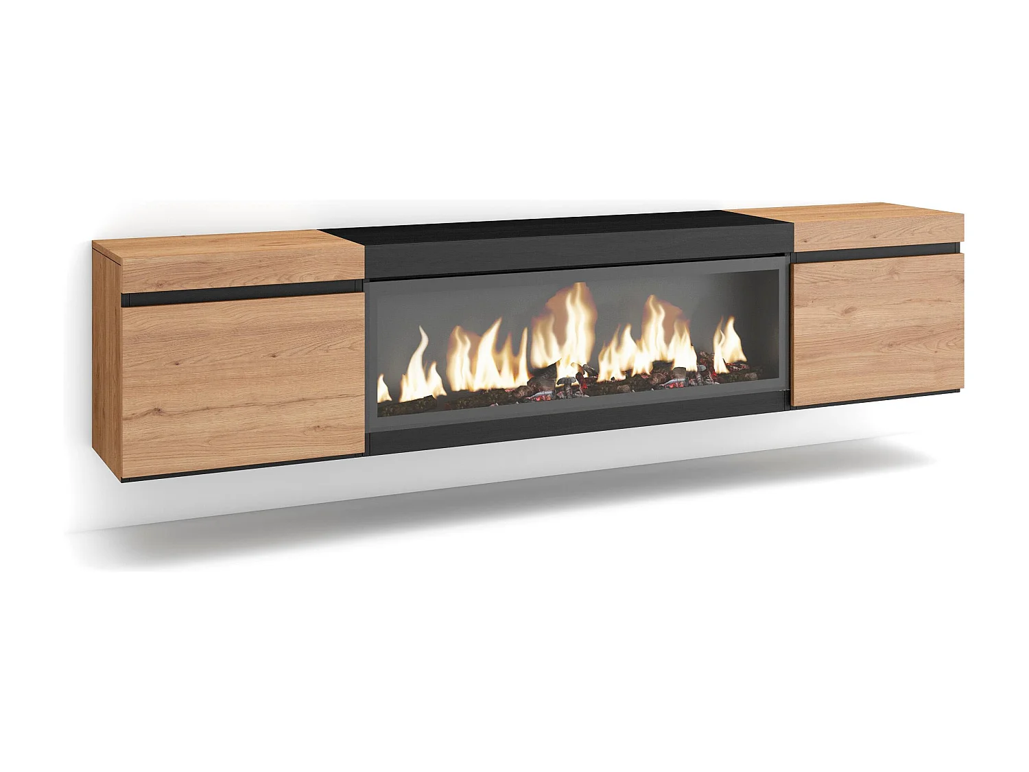 TV-Meubel, Lowboard, 208x35x45cm, Voor tv's tot 80", Elektrische haard XXL, Hangend, Eiken/Zwart