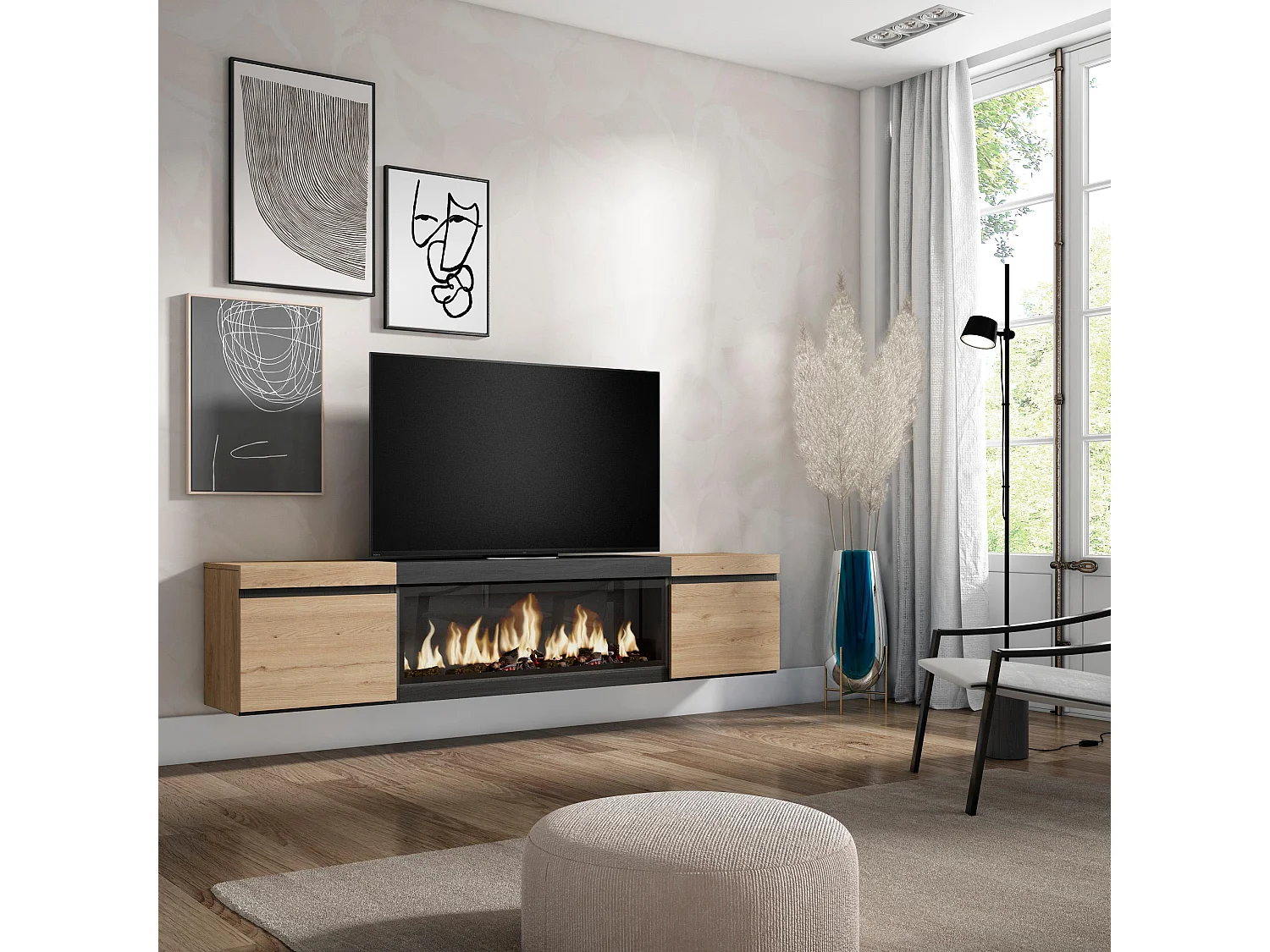 Meuble TV, Banc Télé, 208x35x45cm, Pour les TV jusqu'à 80", Cheminée électrique XXL, Suspendu, Mural, Chêne et noir