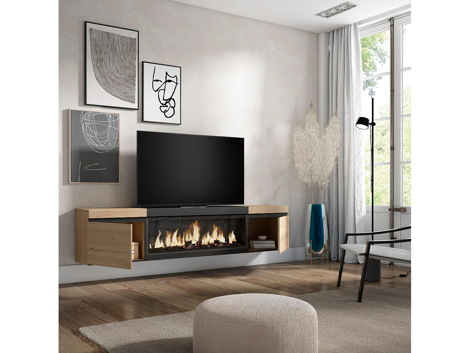 Meuble TV, Banc Télé, 208x35x45cm, Pour les TV jusqu'à 80", Cheminée électrique XXL, Suspendu, Mural, Chêne et noir