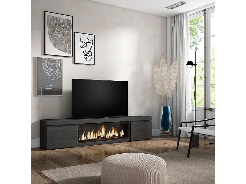 TV-Meubel, Lowboard, 208x35x45cm, Voor tv's tot 80", Elektrische haard XXL, Zwart