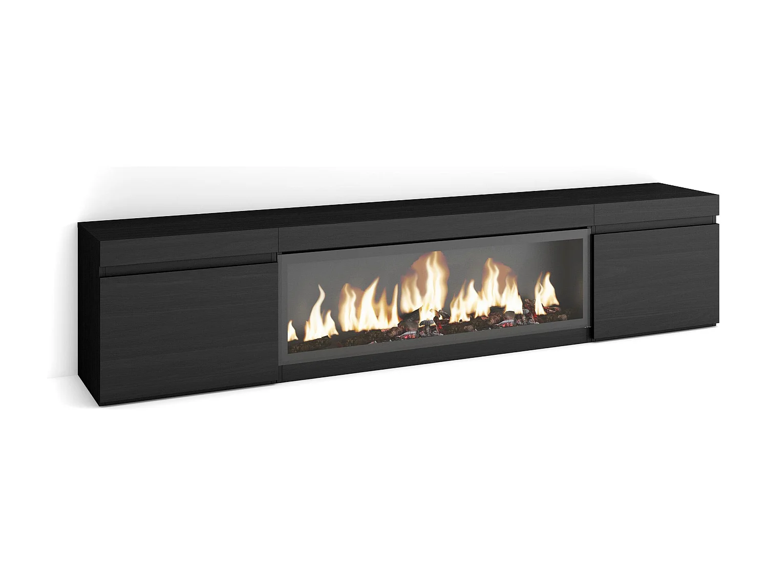 TV-Schrank, Lowboard, 208x35x45cm, Für TV-Geräte bis zu 80", Elektrokamin XXL, Schwarz