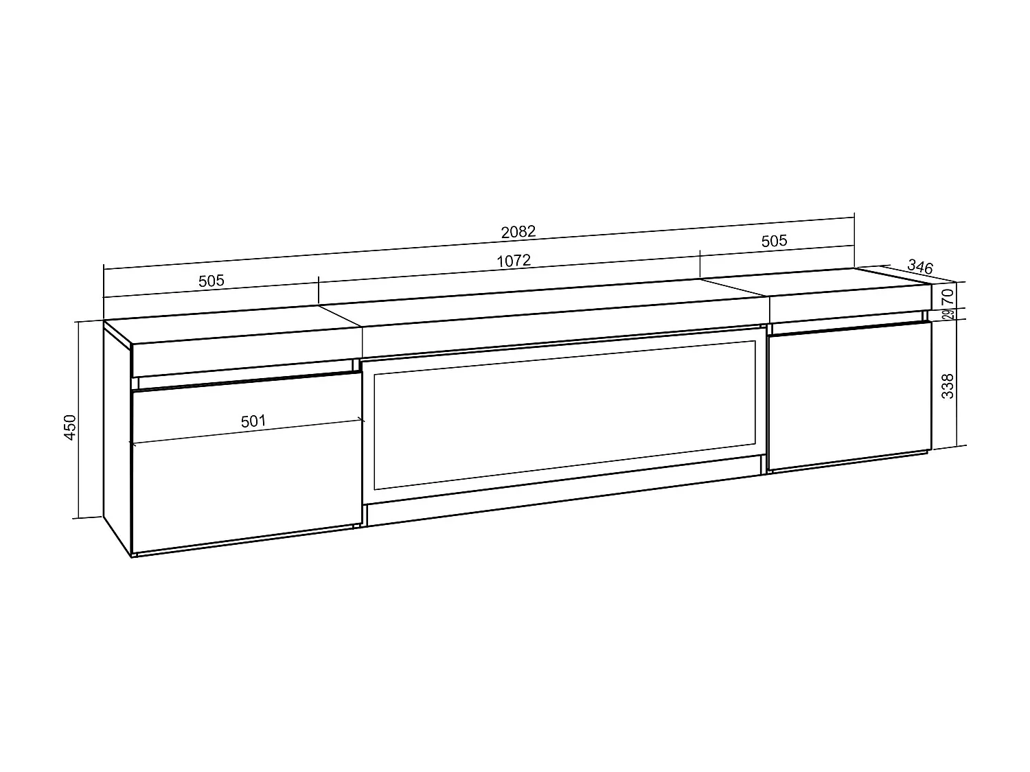 TV-Schrank, Lowboard, 208x35x45cm, Für TV-Geräte bis zu 80", Elektrokamin XXL, Schwarz