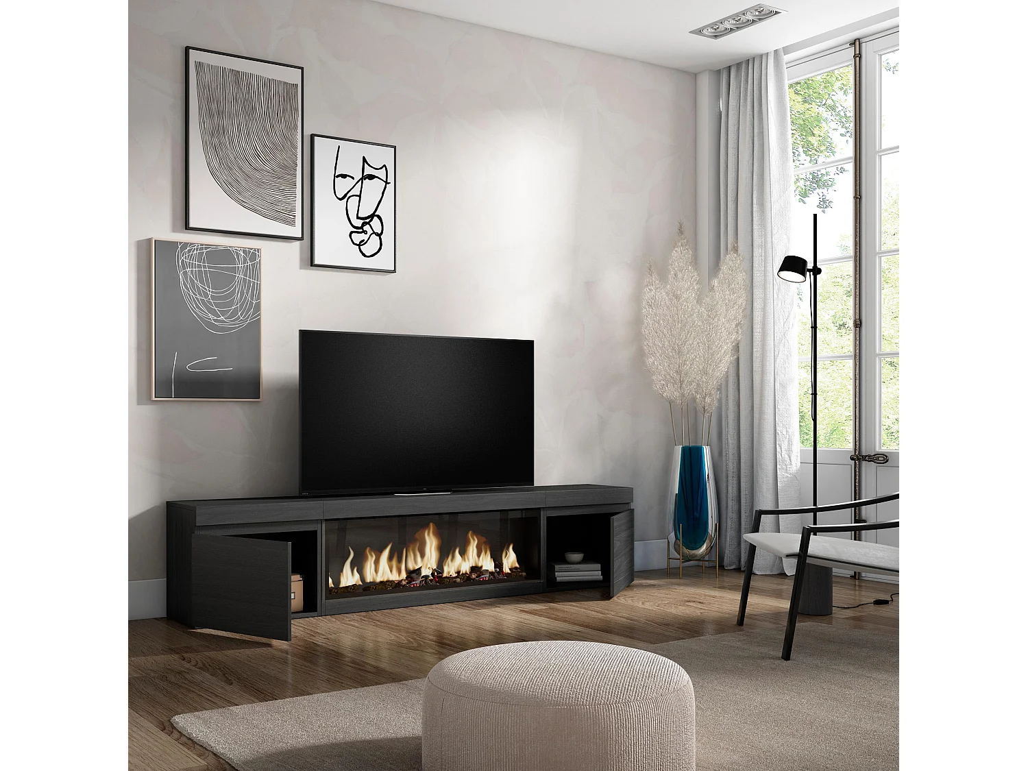 Meuble TV, Banc Télé, 208x35x45cm, Pour les TV jusqu'à 80", Cheminée électrique XXL, Noir