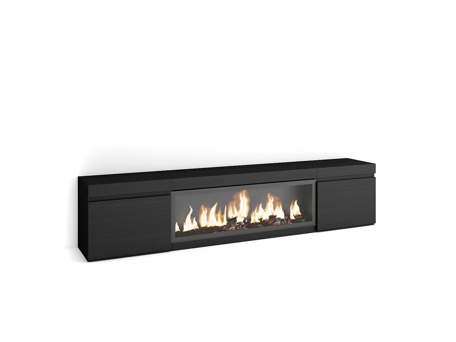 TV-Schrank, Lowboard, 208x35x45cm, Für TV-Geräte bis zu 80", Elektrokamin XXL, Schwarz