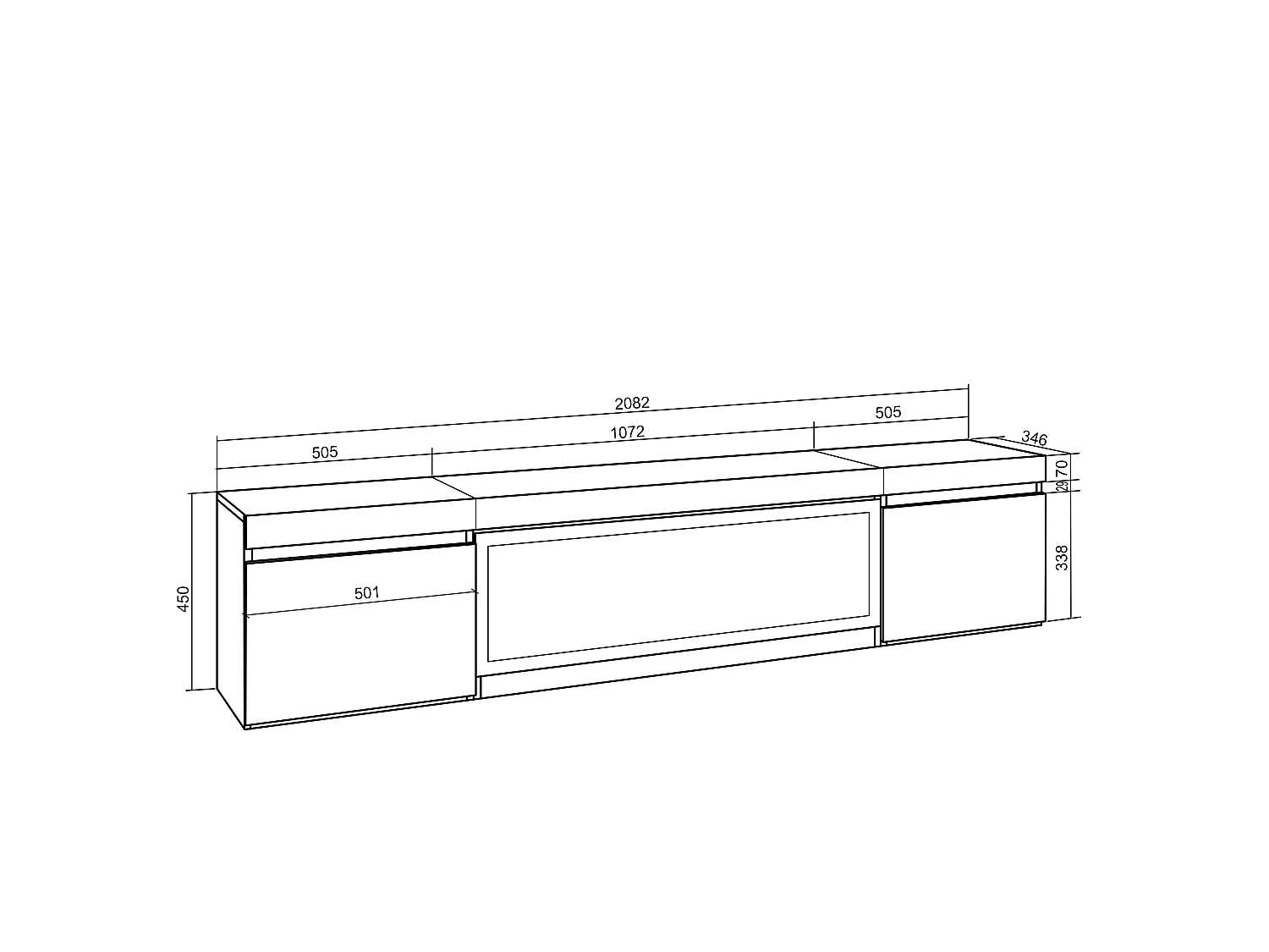 TV-Schrank, Lowboard, 208x35x45cm, Für TV-Geräte bis zu 80", Elektrokamin XXL, Schwarz