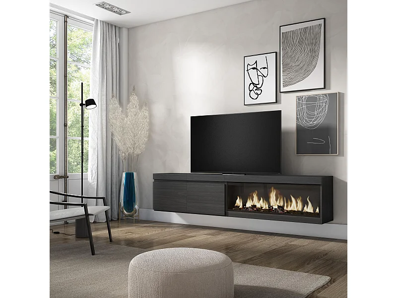 TV-Meubel, Lowboard, 208x35x45cm, Voor tv's tot 80", Elektrische haard XXL, Hangend, Zwart