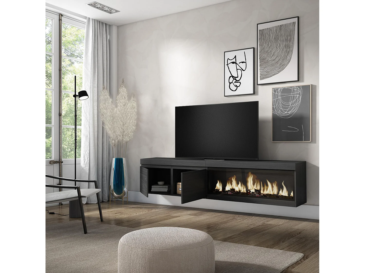 Meuble TV, Banc Télé, 208x35x45cm, Pour les TV jusqu'à 80", Cheminée électrique XXL, Suspendu, Mural, Noir