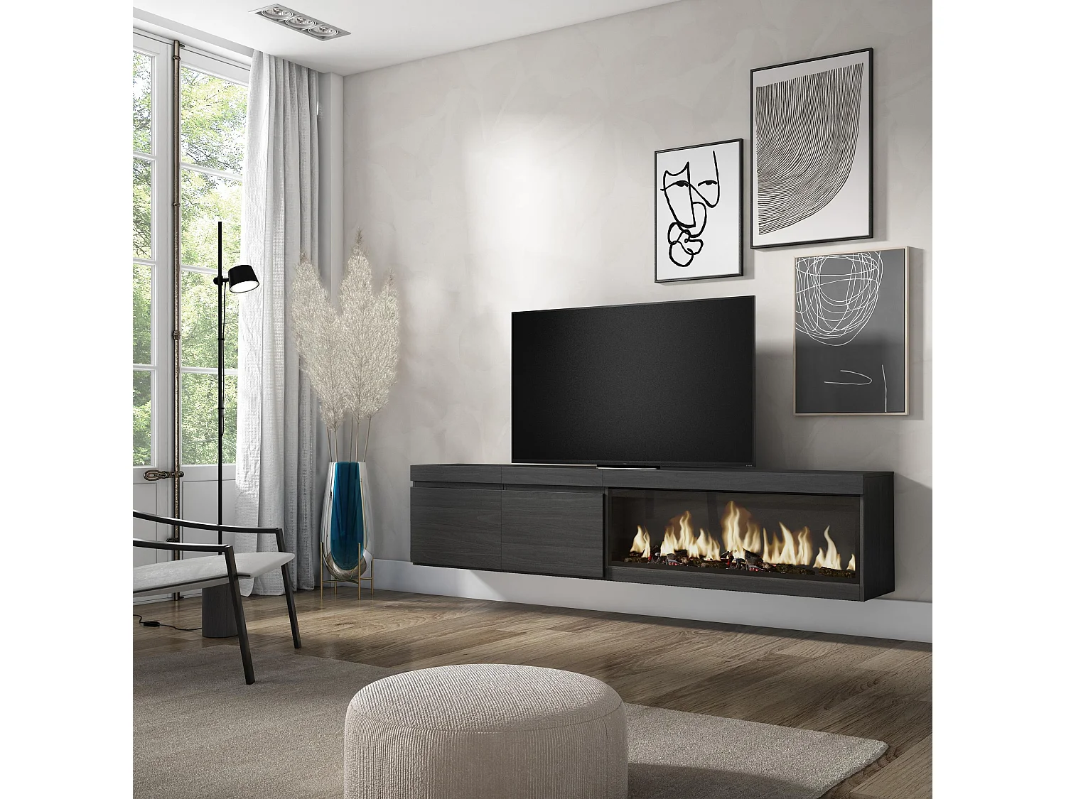 Meuble TV, Banc Télé, 208x35x45cm, Pour les TV jusqu'à 80", Cheminée électrique XXL, Suspendu, Mural, Noir