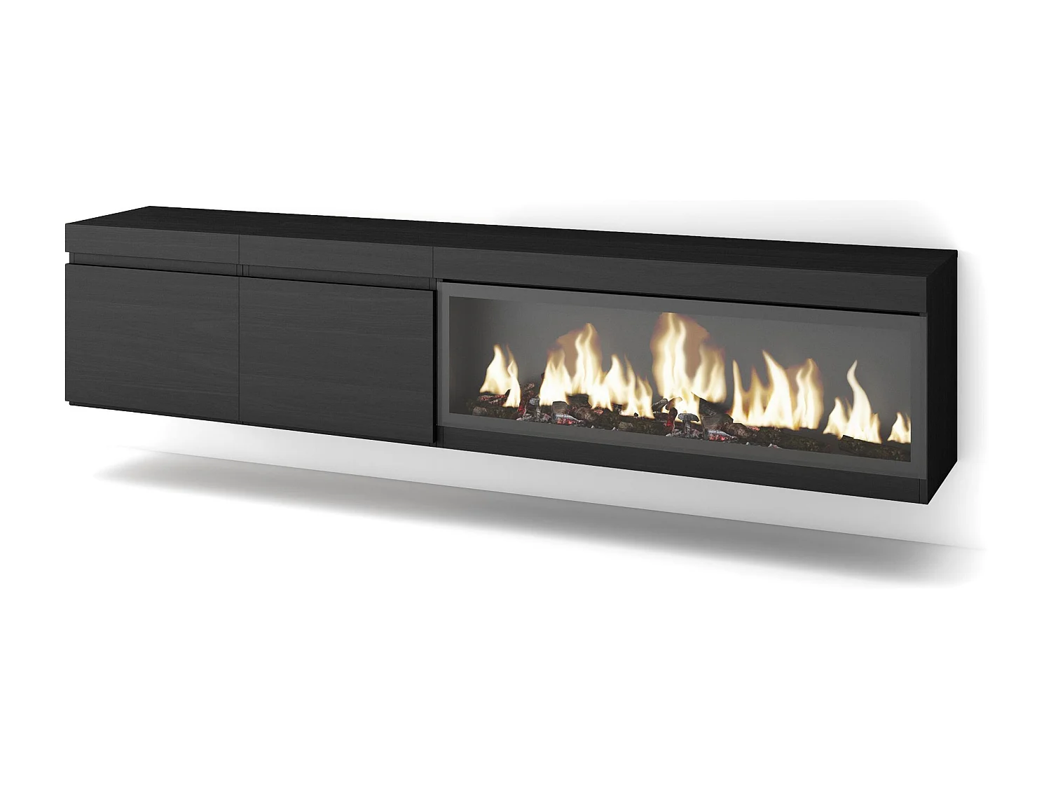 Meuble TV, Banc Télé, 208x35x45cm, Pour les TV jusqu'à 80", Cheminée électrique XXL, Suspendu, Mural, Noir