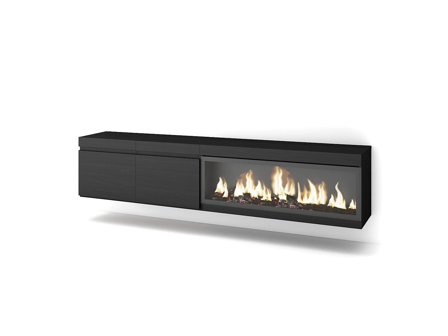 TV-Schrank, Lowboard, 208x35x45cm, Für TV-Geräte bis zu 80", Elektrokamin XXL, Hängend, Schwarz