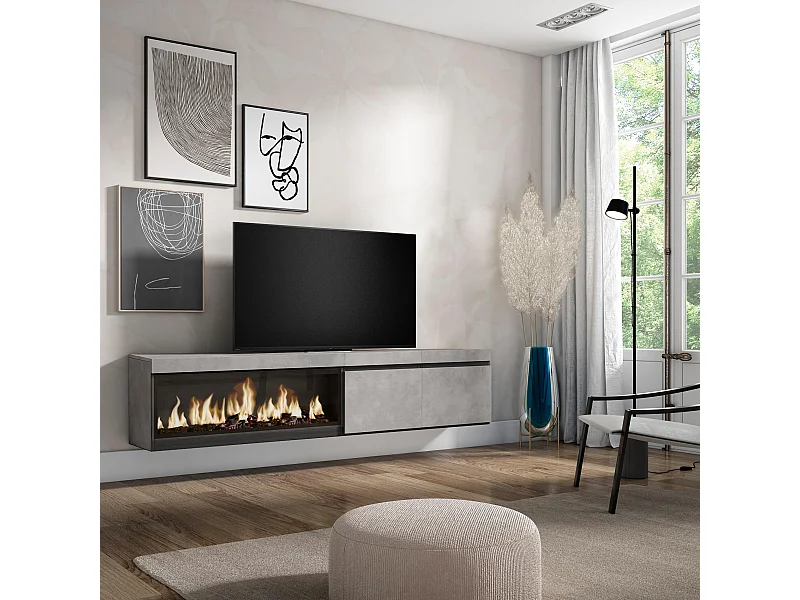 Meuble TV, Banc Télé, 208x35x45cm, Pour les TV jusqu'à 80", Cheminée électrique XXL, Suspendu, Mural, Ciment