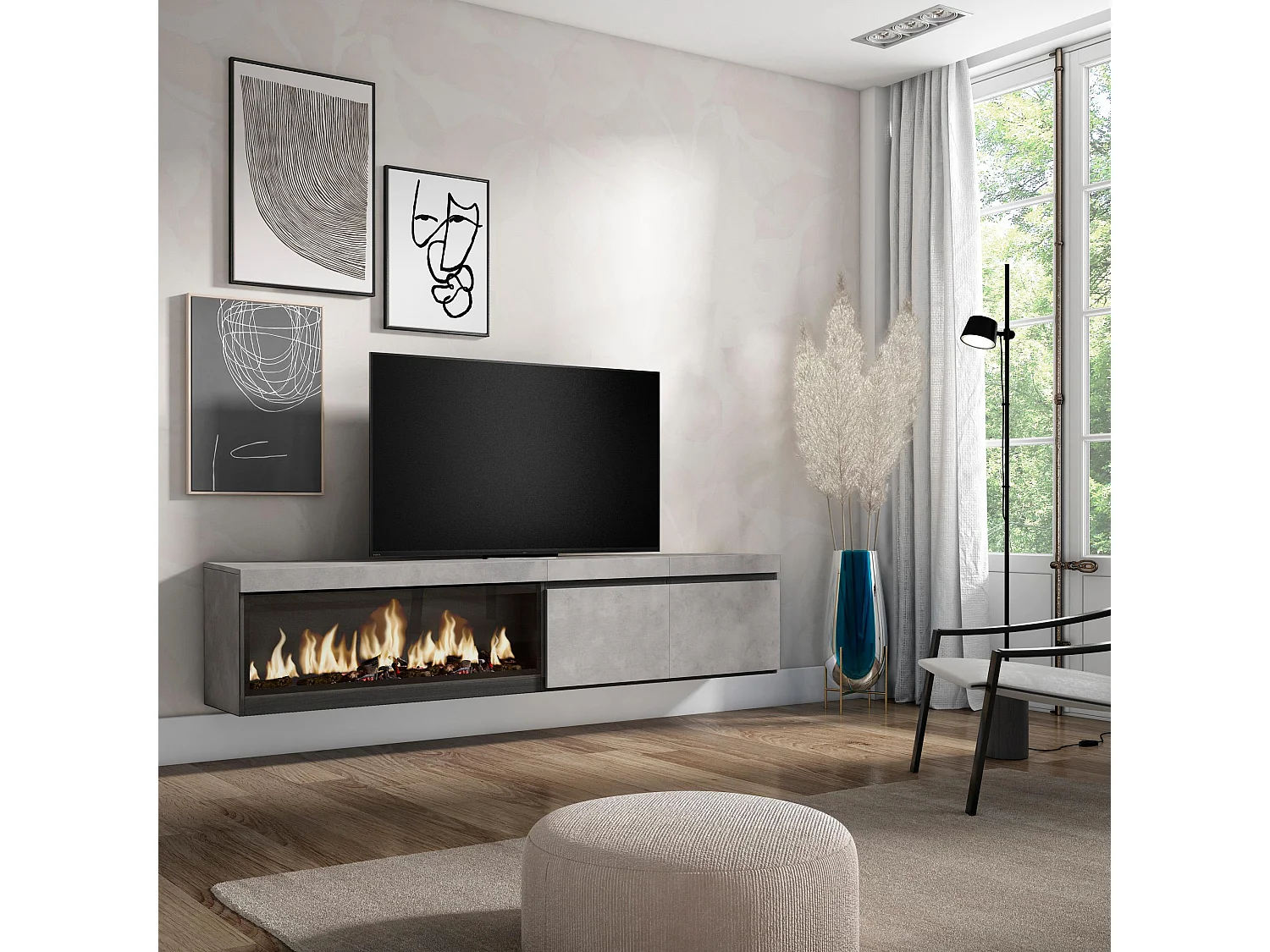 Meuble TV, Banc Télé, 208x35x45cm, Pour les TV jusqu'à 80", Cheminée électrique XXL, Suspendu, Mural, Ciment