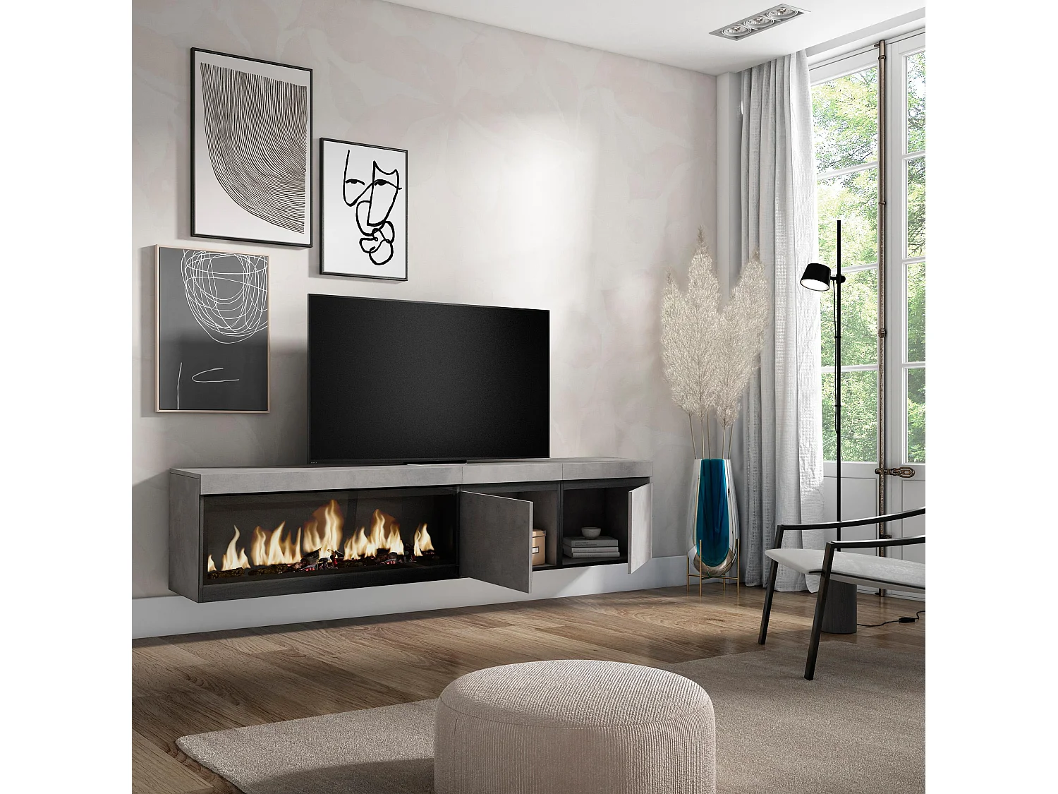 Meuble TV, Banc Télé, 208x35x45cm, Pour les TV jusqu'à 80", Cheminée électrique XXL, Suspendu, Mural, Ciment