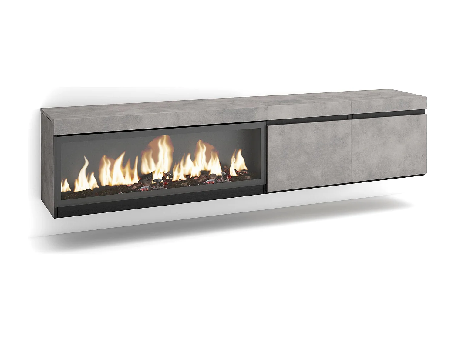 TV-Meubel, Lowboard, 208x35x45cm, Voor tv's tot 80", Elektrische haard XXL, Hangend, Cement