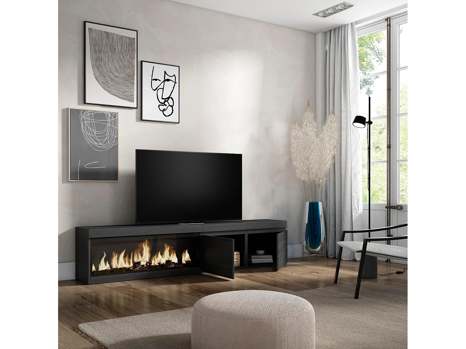 Meuble TV, Banc Télé, 208x35x45cm, Pour les TV jusqu'à 80", Cheminée électrique XXL, Noir