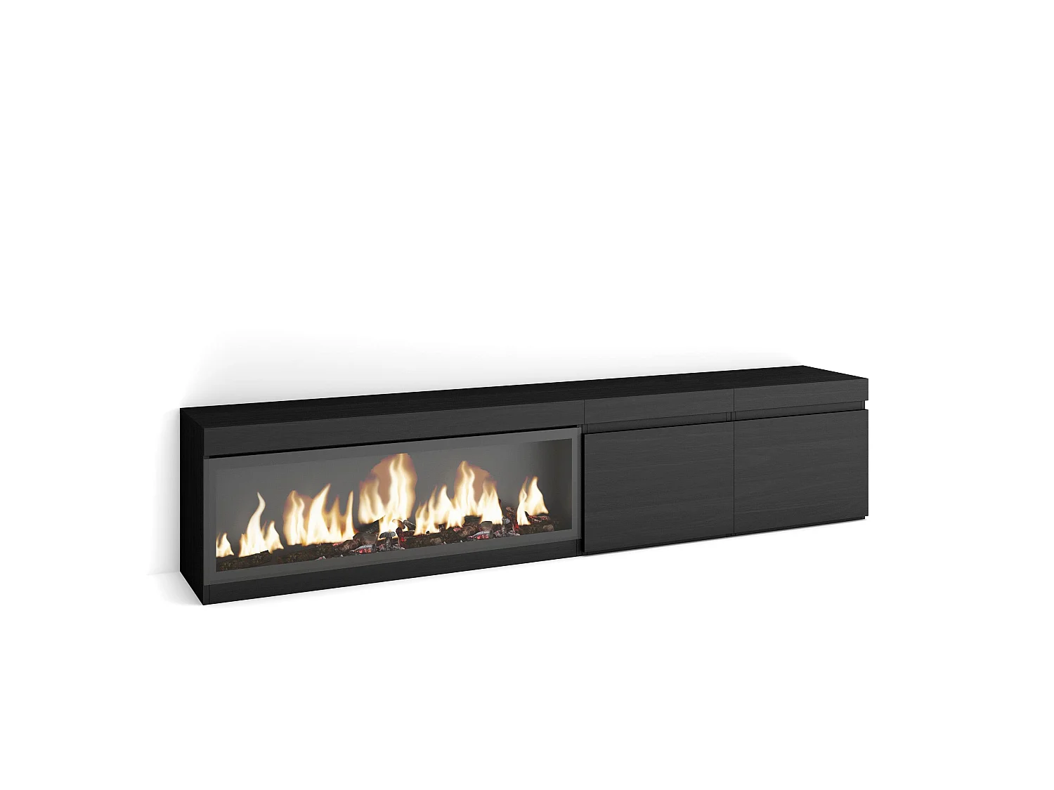 TV-Meubel, Lowboard, 208x35x45cm, Voor tv's tot 80", Elektrische haard XXL, Zwart