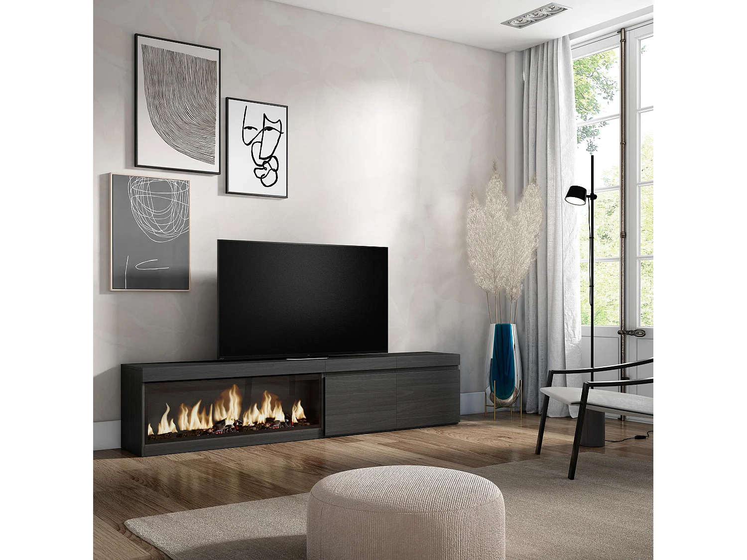 TV-Meubel, Lowboard, 208x35x45cm, Voor tv's tot 80", Elektrische haard XXL, Zwart