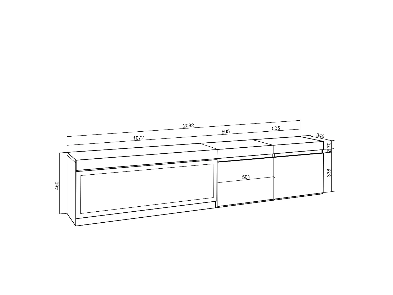 TV-Meubel, Lowboard, 208x35x45cm, Voor tv's tot 80", Elektrische haard XXL, Zwart