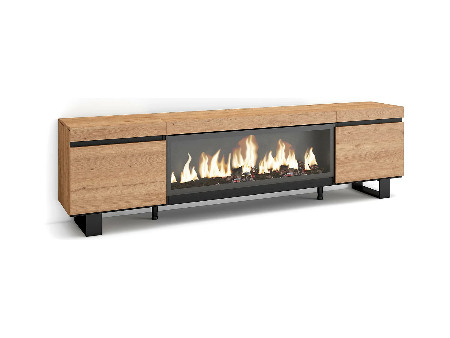 Meuble TV, Banc Télé, 208x35x57cm, Pour les TV jusqu'à 80", Cheminée électrique XXL, Design industriel, Chêne