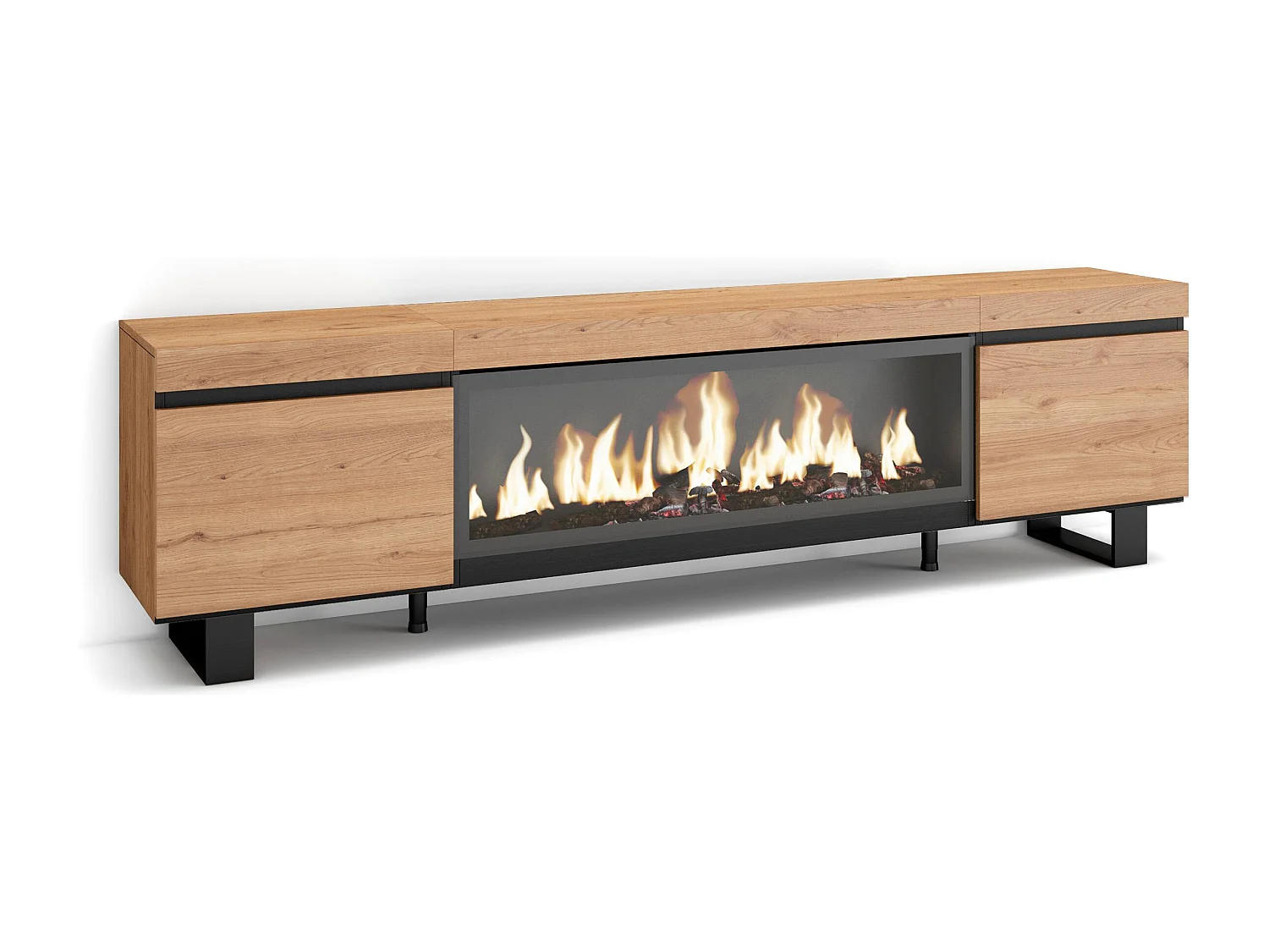 Meuble TV, Banc Télé, 208x35x57cm, Pour les TV jusqu'à 80", Cheminée électrique XXL, Design industriel, Chêne