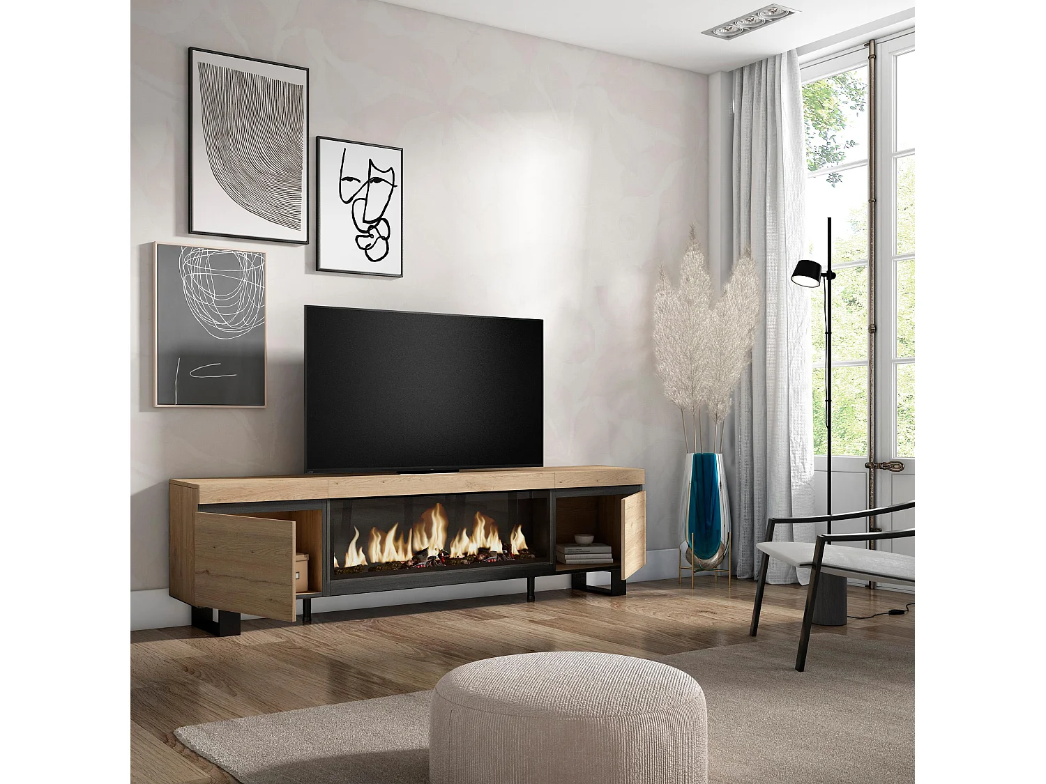 Meuble TV, Banc Télé, 208x35x57cm, Pour les TV jusqu'à 80", Cheminée électrique XXL, Design industriel, Chêne