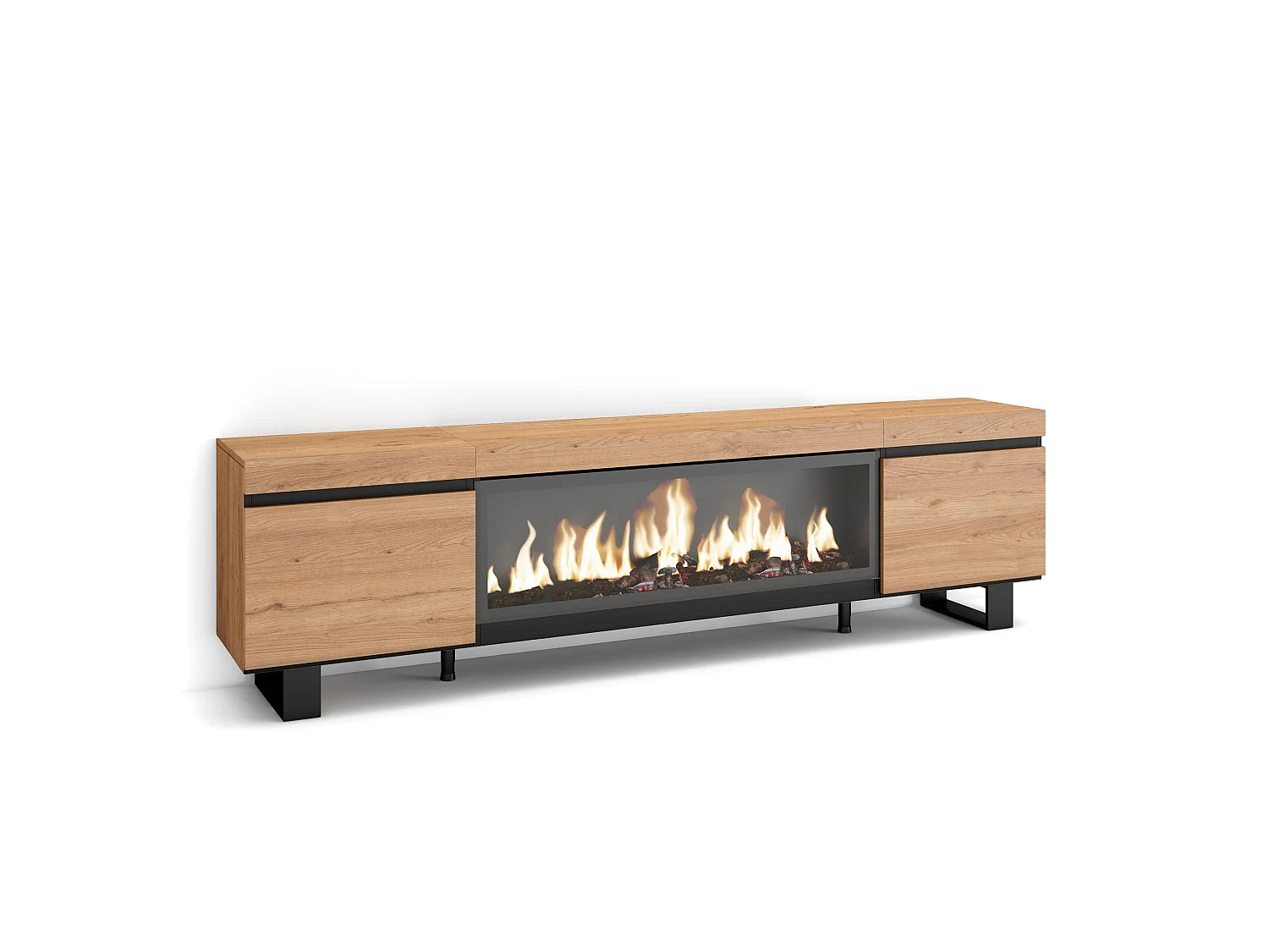 TV-Meubel, Lowboard, 208x35x57cm, Voor tv's tot 80", Elektrische haard XXL, Industrieel design, Eiken