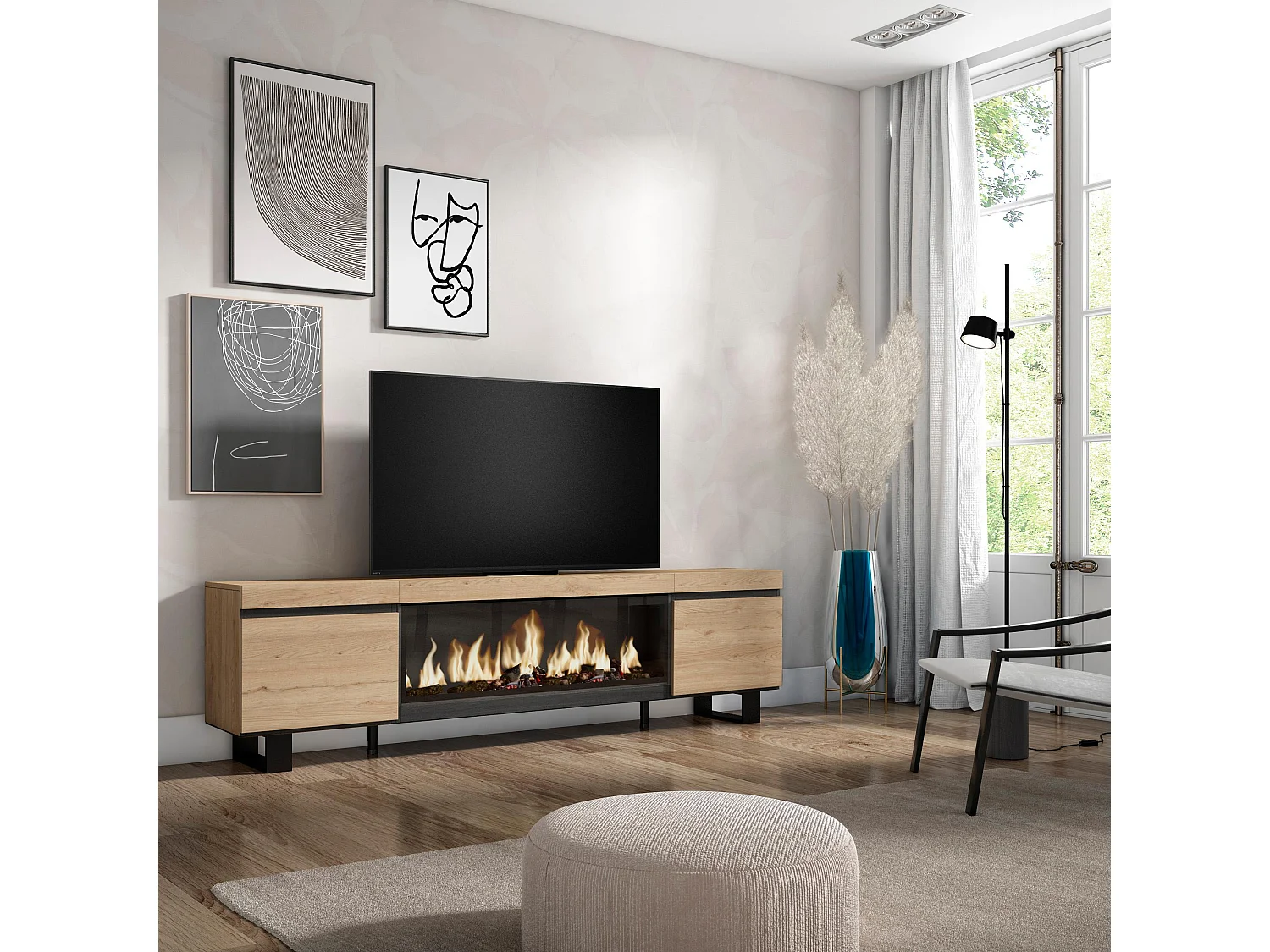 TV-Meubel, Lowboard, 208x35x57cm, Voor tv's tot 80", Elektrische haard XXL, Industrieel design, Eiken