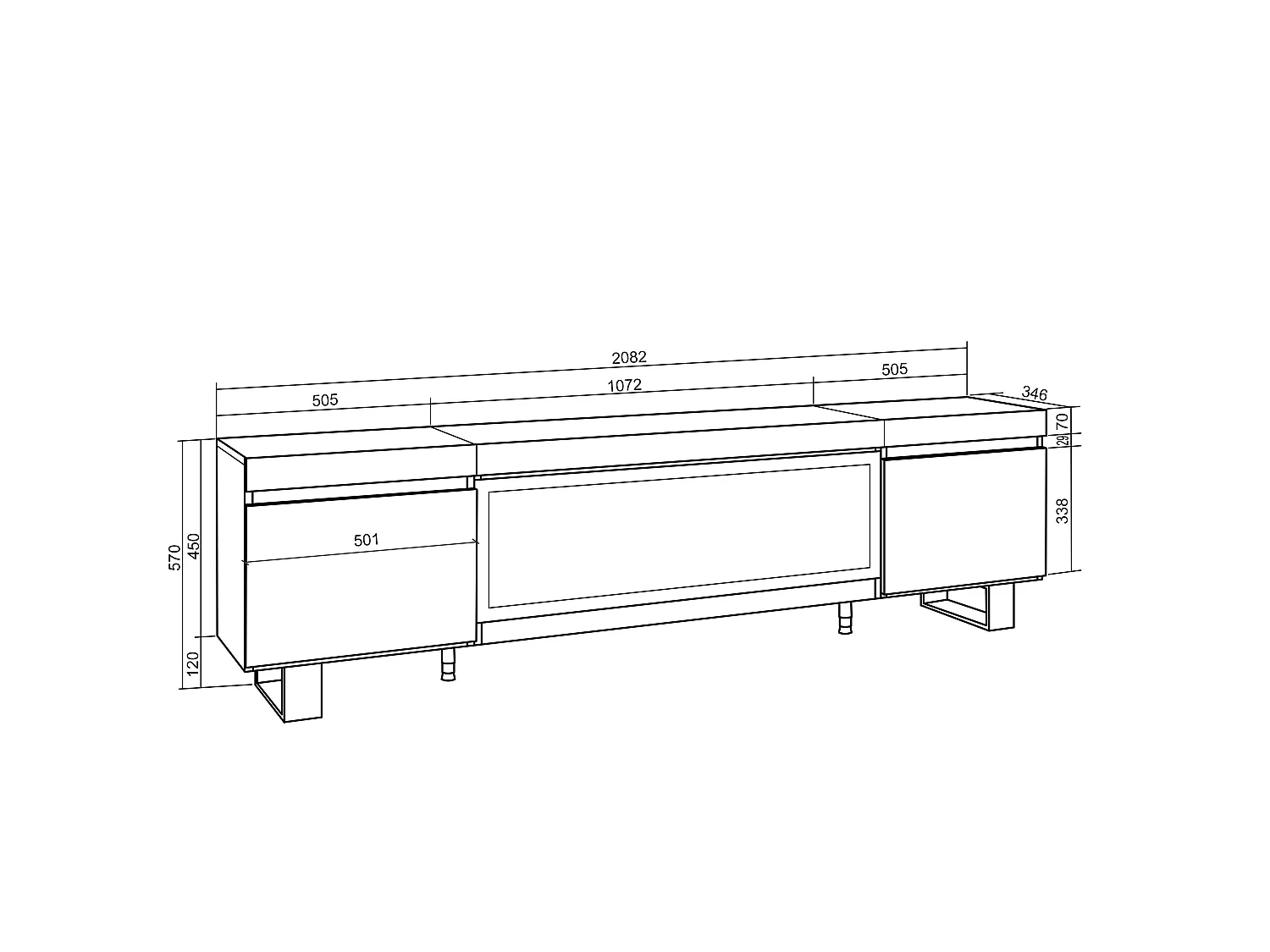 TV-Meubel, Lowboard, 208x35x57cm, Voor tv's tot 80", Elektrische haard XXL, Industrieel design, Eiken