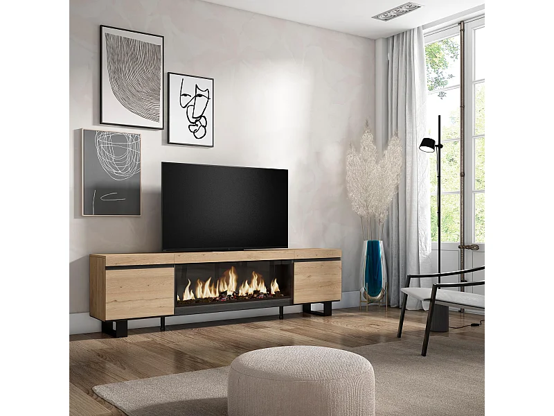 TV-Meubel, Lowboard, 208x35x57cm, Voor tv's tot 80", Elektrische haard XXL, Industrieel design, Eiken