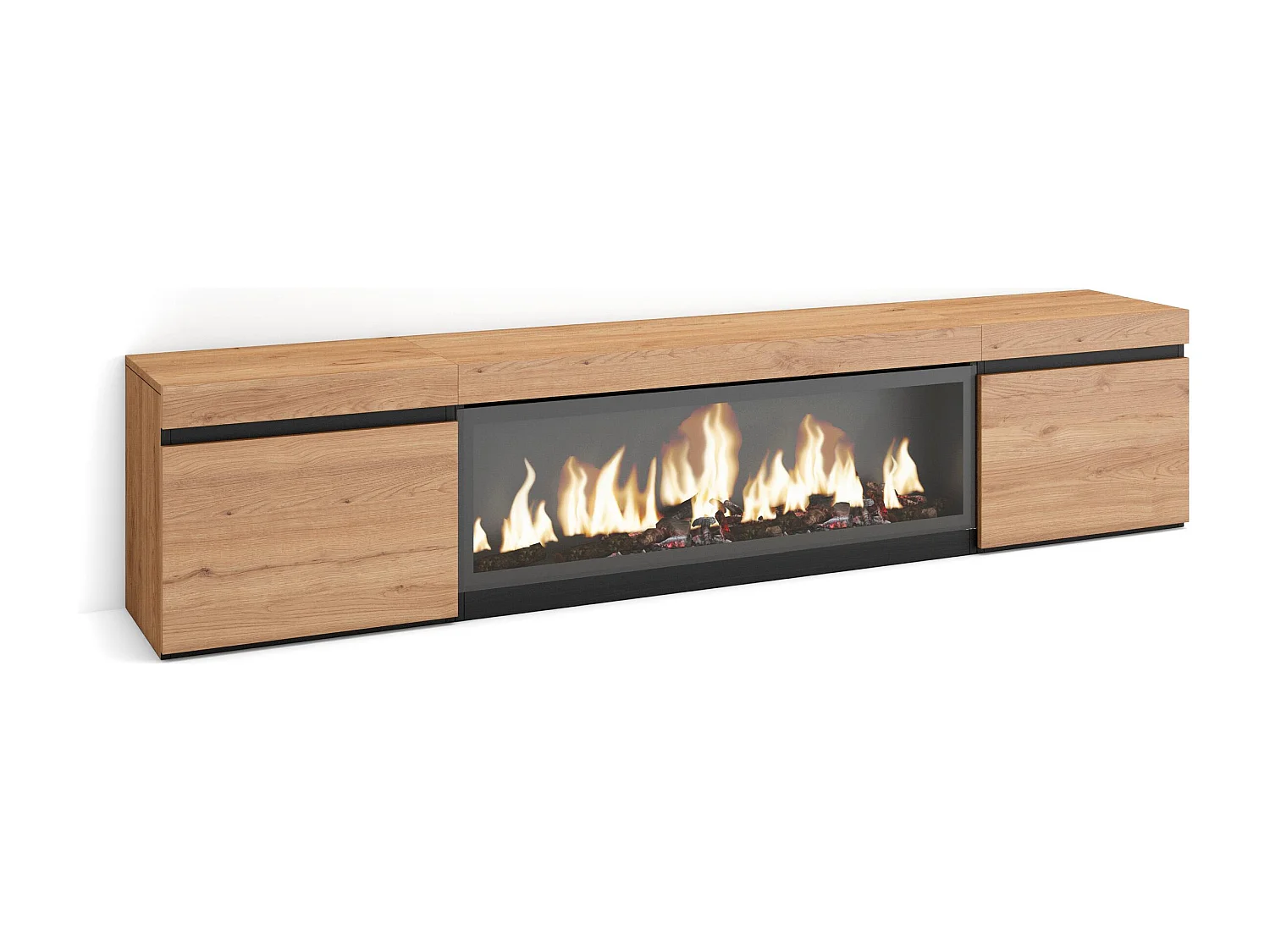 Meuble TV, Banc Télé, 208x35x45cm, Pour les TV jusqu'à 80", Cheminée électrique XXL, Chêne