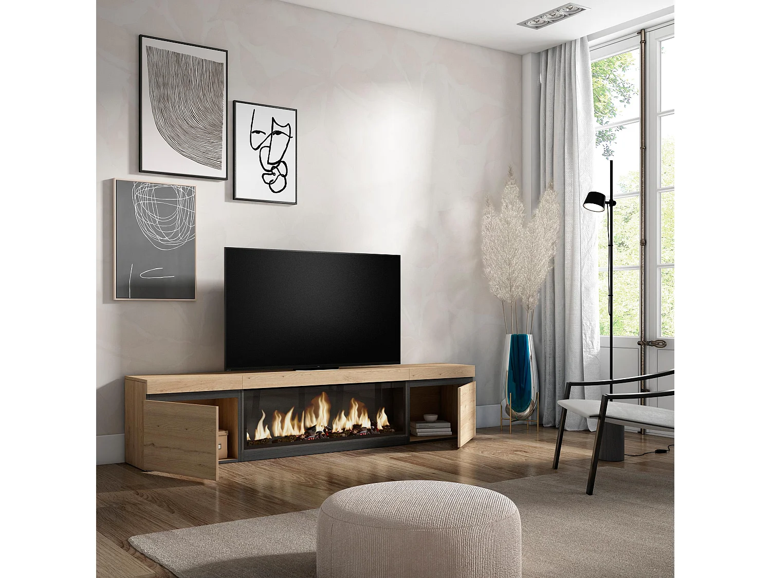 Meuble TV, Banc Télé, 208x35x45cm, Pour les TV jusqu'à 80", Cheminée électrique XXL, Chêne