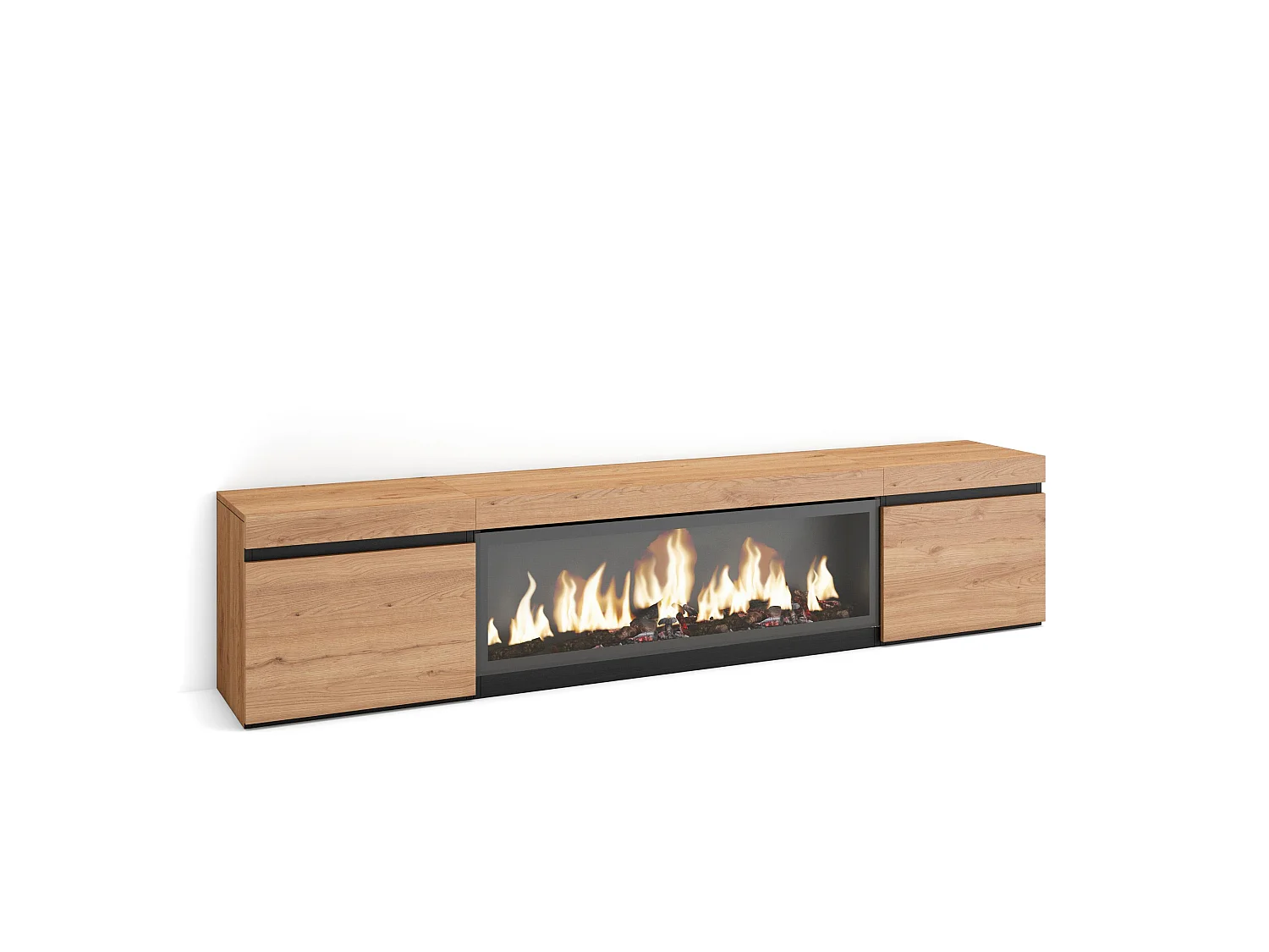 Meuble TV, Banc Télé, 208x35x45cm, Pour les TV jusqu'à 80", Cheminée électrique XXL, Chêne