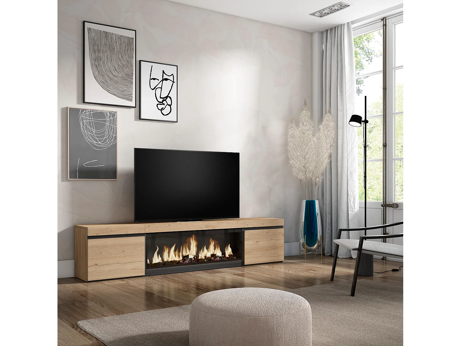 Meuble TV, Banc Télé, 208x35x45cm, Pour les TV jusqu'à 80", Cheminée électrique XXL, Chêne