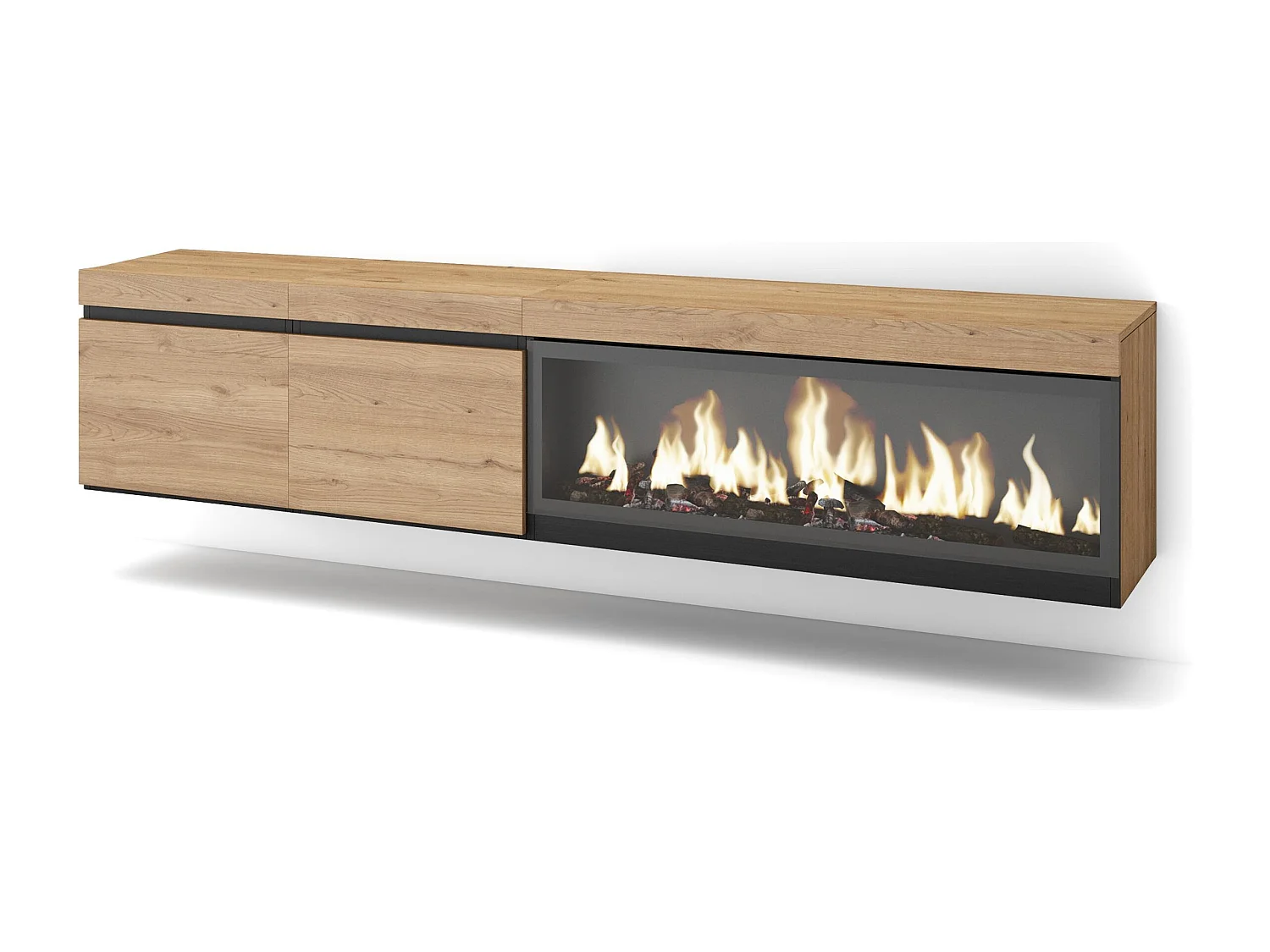 Meuble TV, Banc Télé, 208x35x45cm, Pour les TV jusqu'à 80", Cheminée électrique XXL, Suspendu, Mural, Chêne