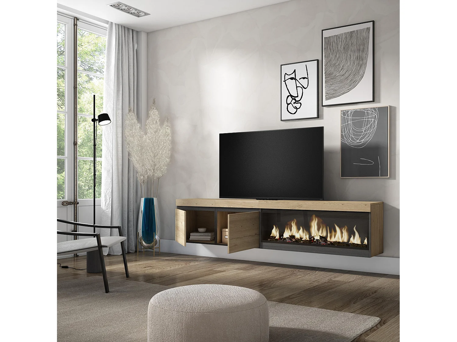 Meuble TV, Banc Télé, 208x35x45cm, Pour les TV jusqu'à 80", Cheminée électrique XXL, Suspendu, Mural, Chêne