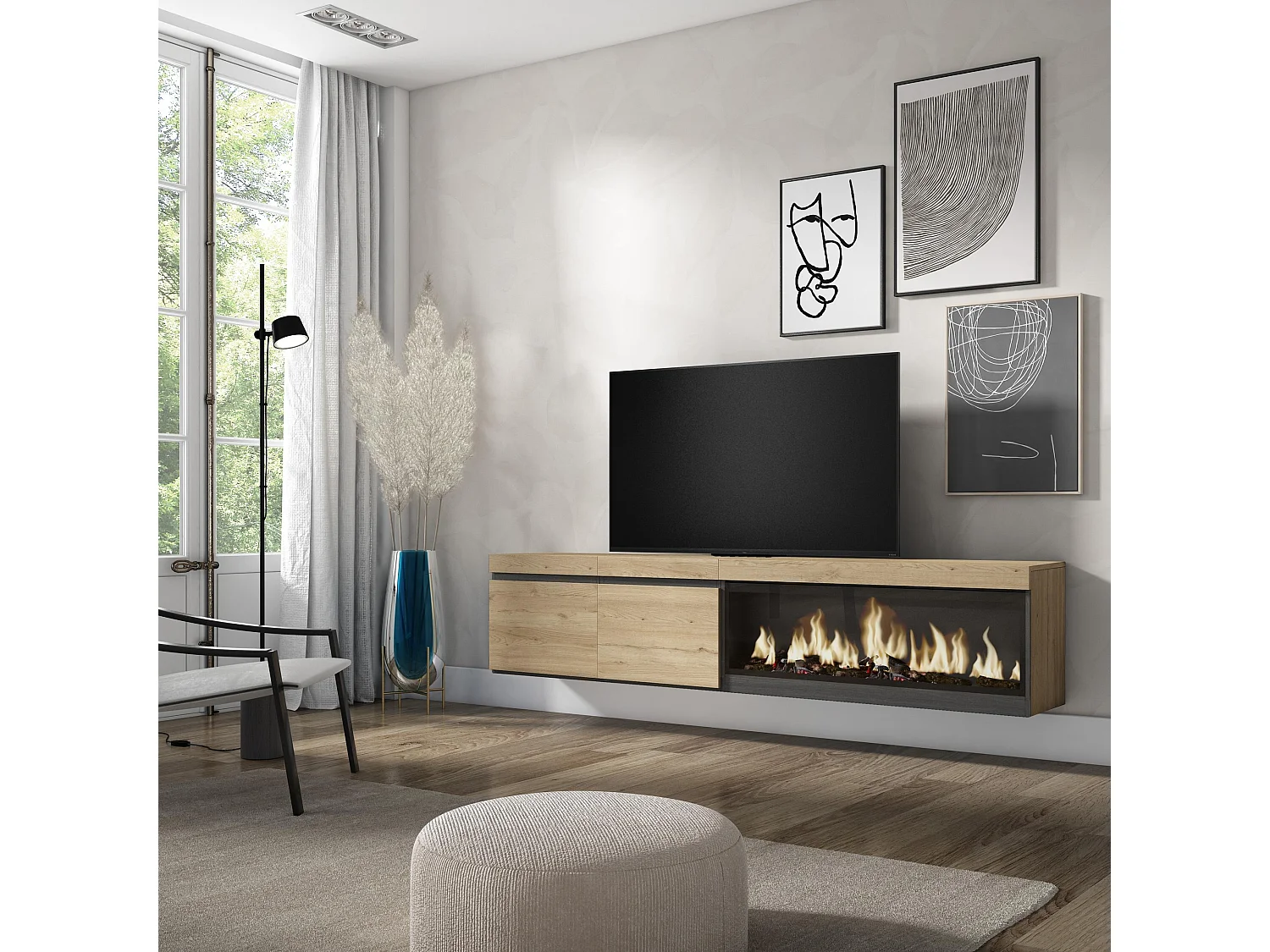 Meuble TV, Banc Télé, 208x35x45cm, Pour les TV jusqu'à 80", Cheminée électrique XXL, Suspendu, Mural, Chêne