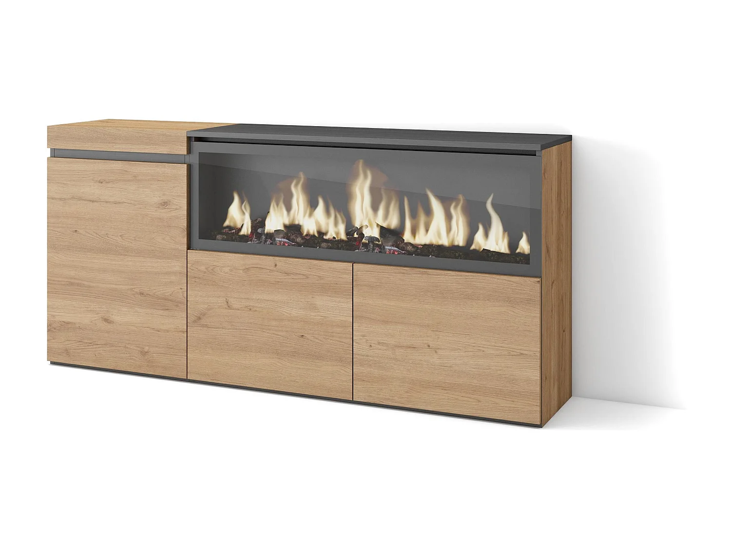 Sideboard, Highboard, 158x35x75cm, 3 Türen, Elektrokamin XXL, Eiche