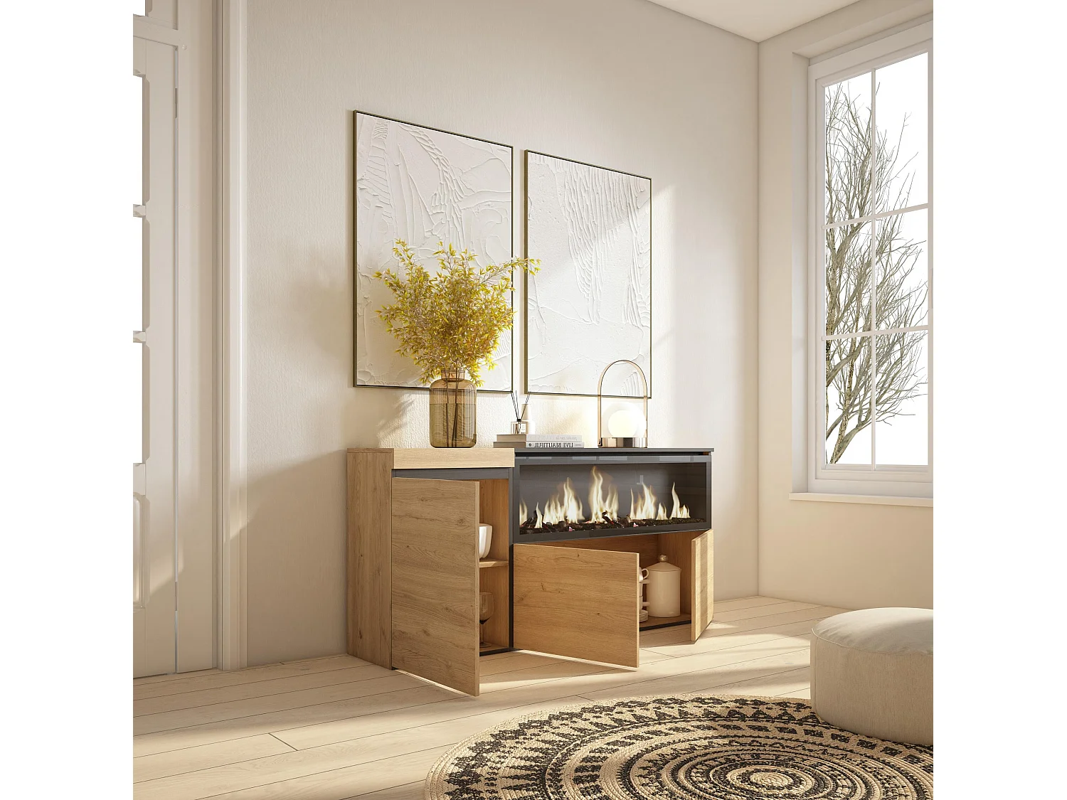 Sideboard, Highboard, 158x35x75cm, 3 Türen, Elektrokamin XXL, Eiche