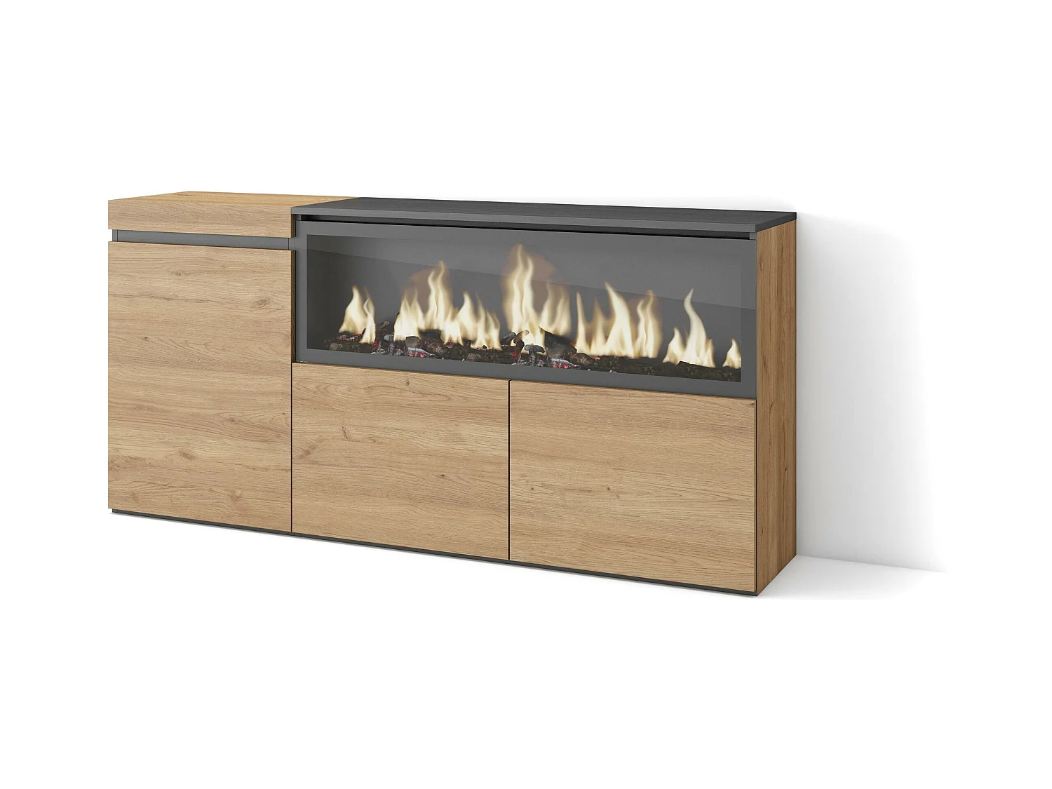 Aparadores para salón, 158x35x75cm, 3 Puertas, Chimenea eléctrica XXL, Roble
