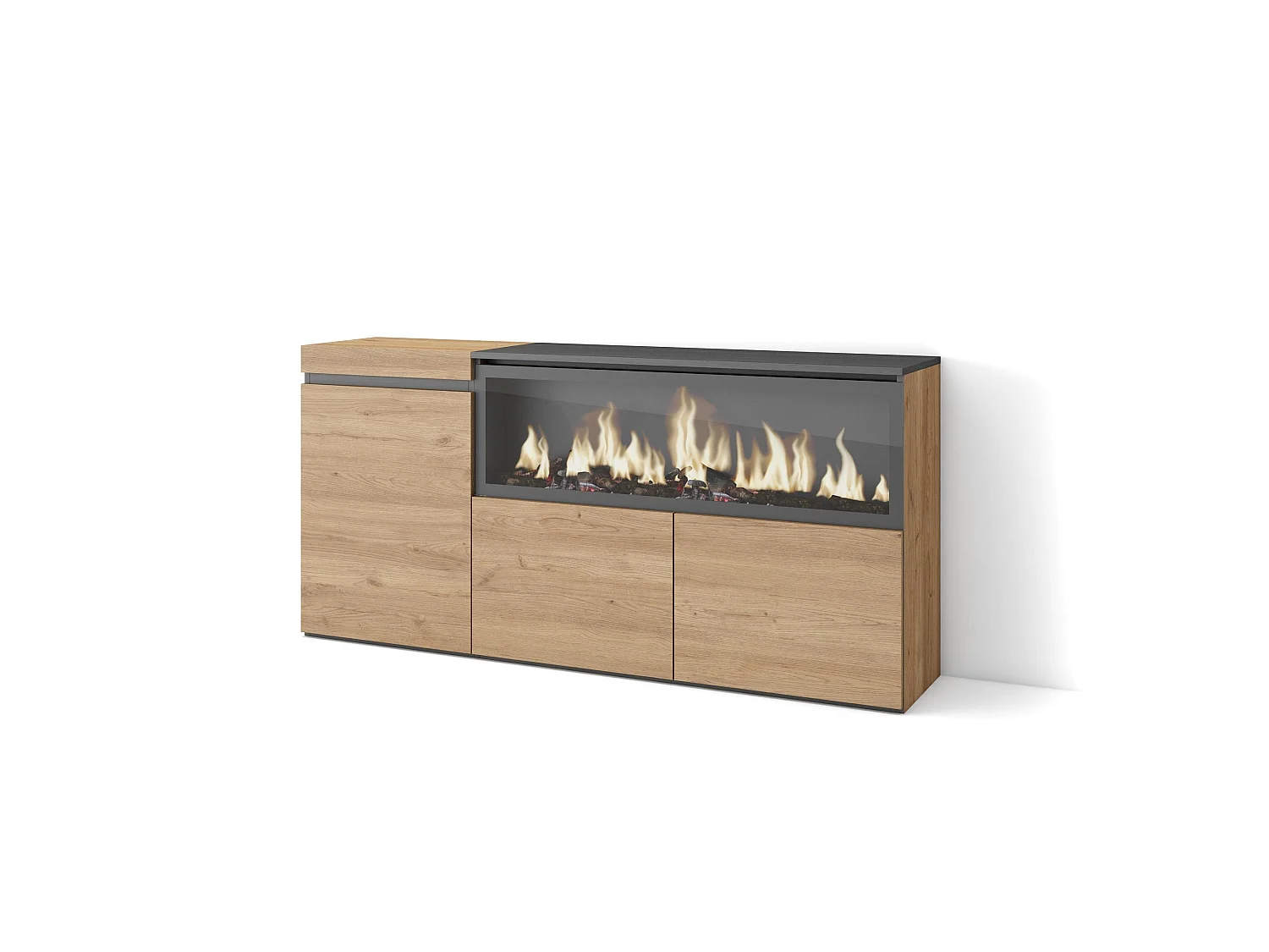Buffet salon et cuisine, 158x35x75cm, 3 Portes, Cheminée électrique XXL, Chêne